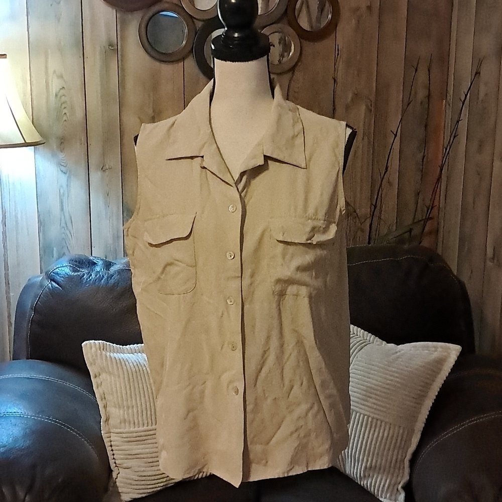 Women Sleeveless 100% Silk Button Down Top with Pockets Size L Casual Summer
